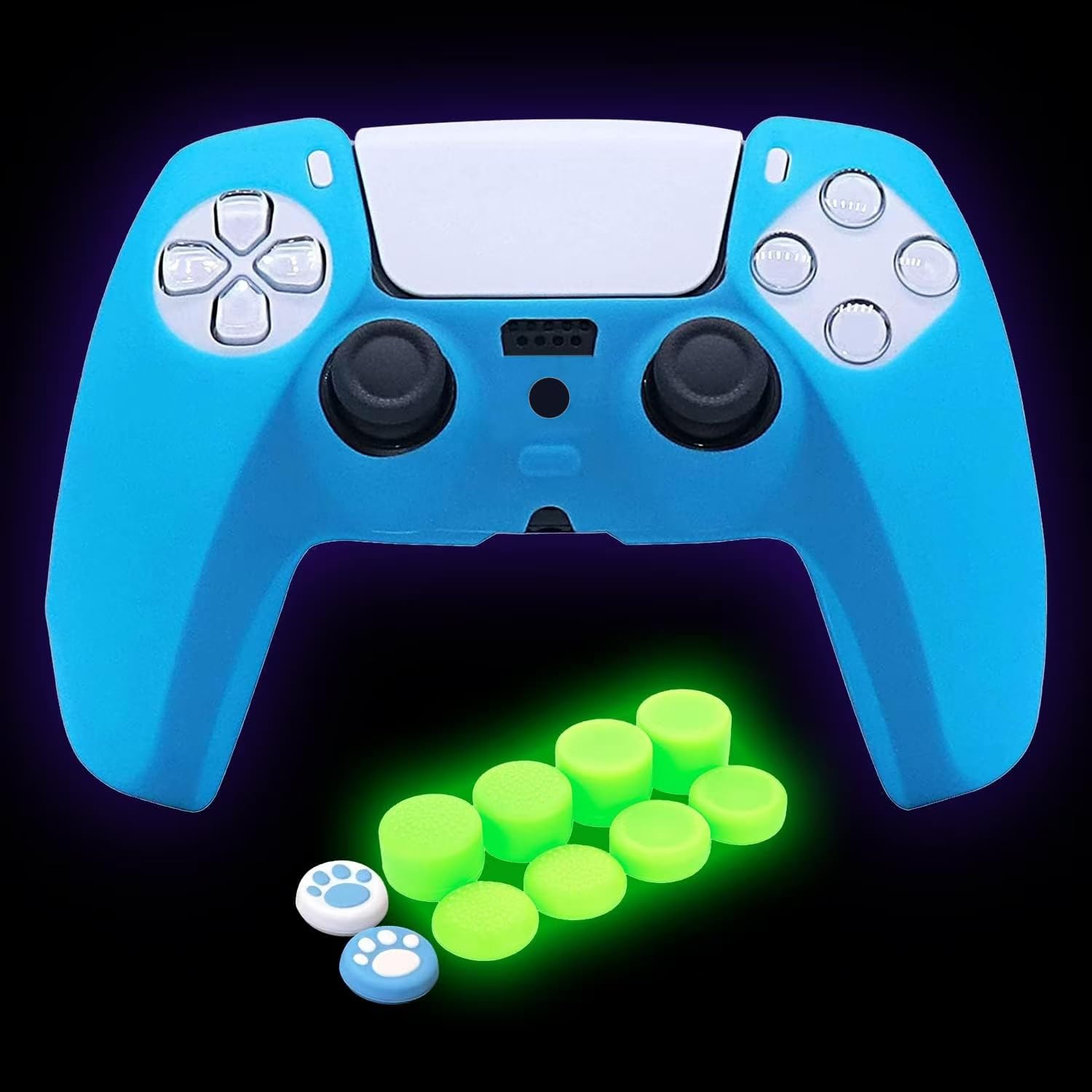Blue PS5 Controller Skin Silicone Grip Glow in Dark Protective Case for PS5 Controller with 8 Glow in