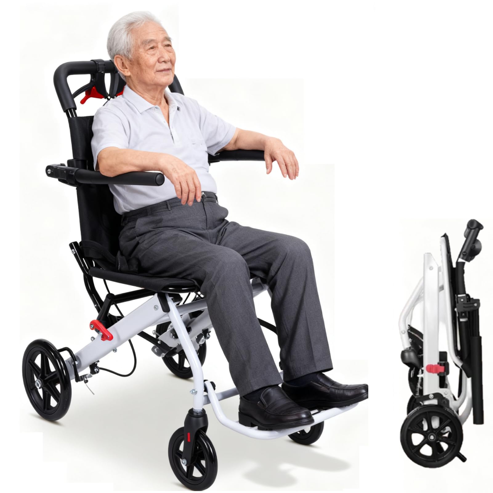 Silla de ruedas portátil de transporte, ligera, silla de ruedas plegable compacta con construcción de acero al carbono, freno de mano integrado, ruedas de 360 grados para adultos y niños