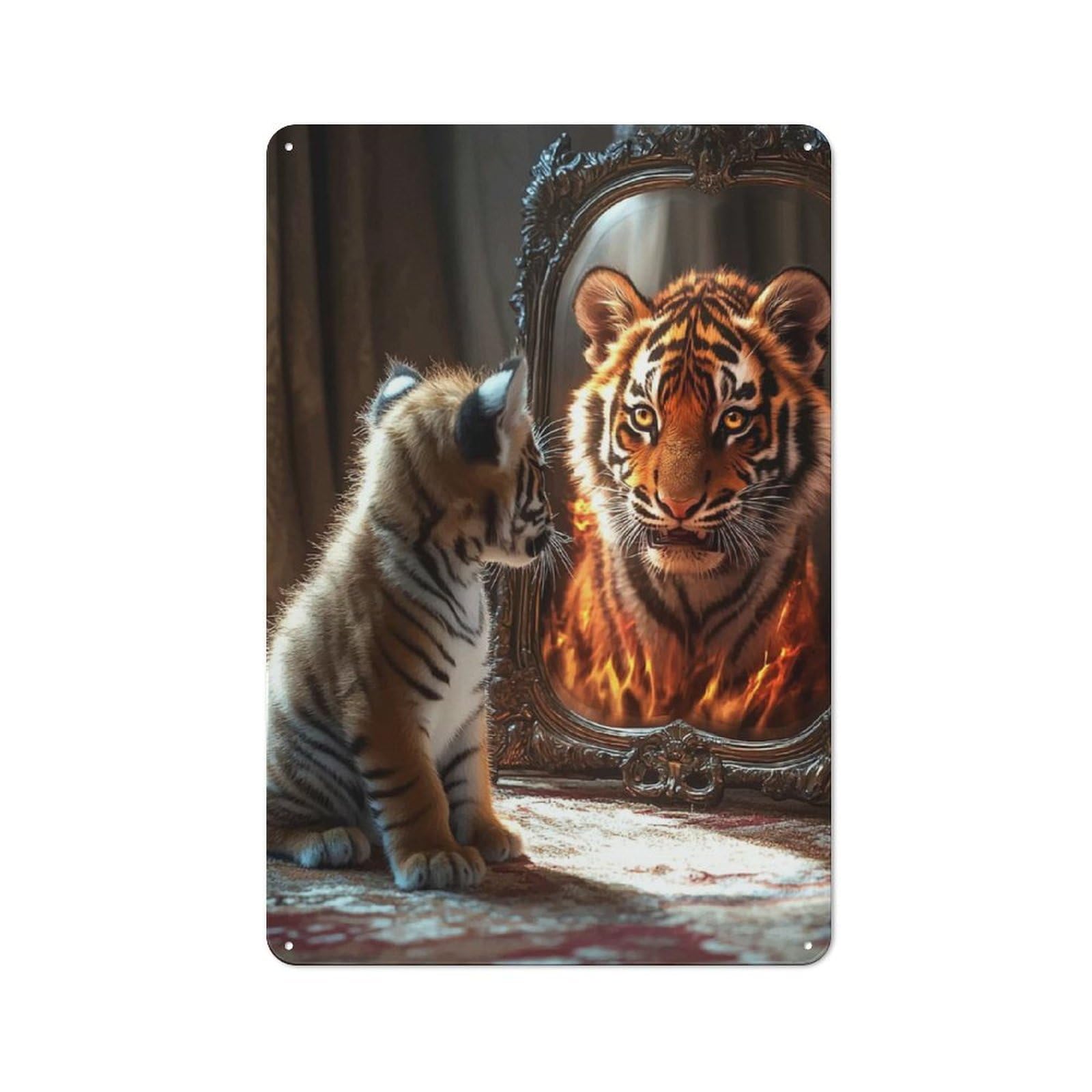 Tiger Cub Reflection Decorative Tin Sign 30x20cm, Distressed Look Vintage Wall Decor for Lounge, Study, Pub Or Wall Gallery