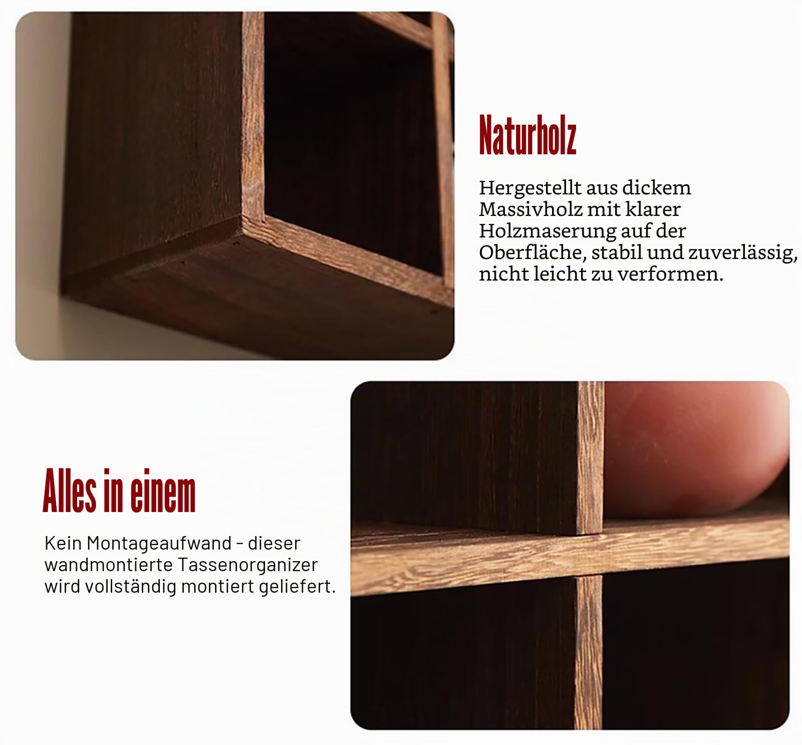 Tassenregal Holz Wandmontage, Ständer für Teetassen-, Schnapsgläser- und Kaffeetassen, Schweberegal für Küche und Wohnzimmer (4x4 16 Slots)