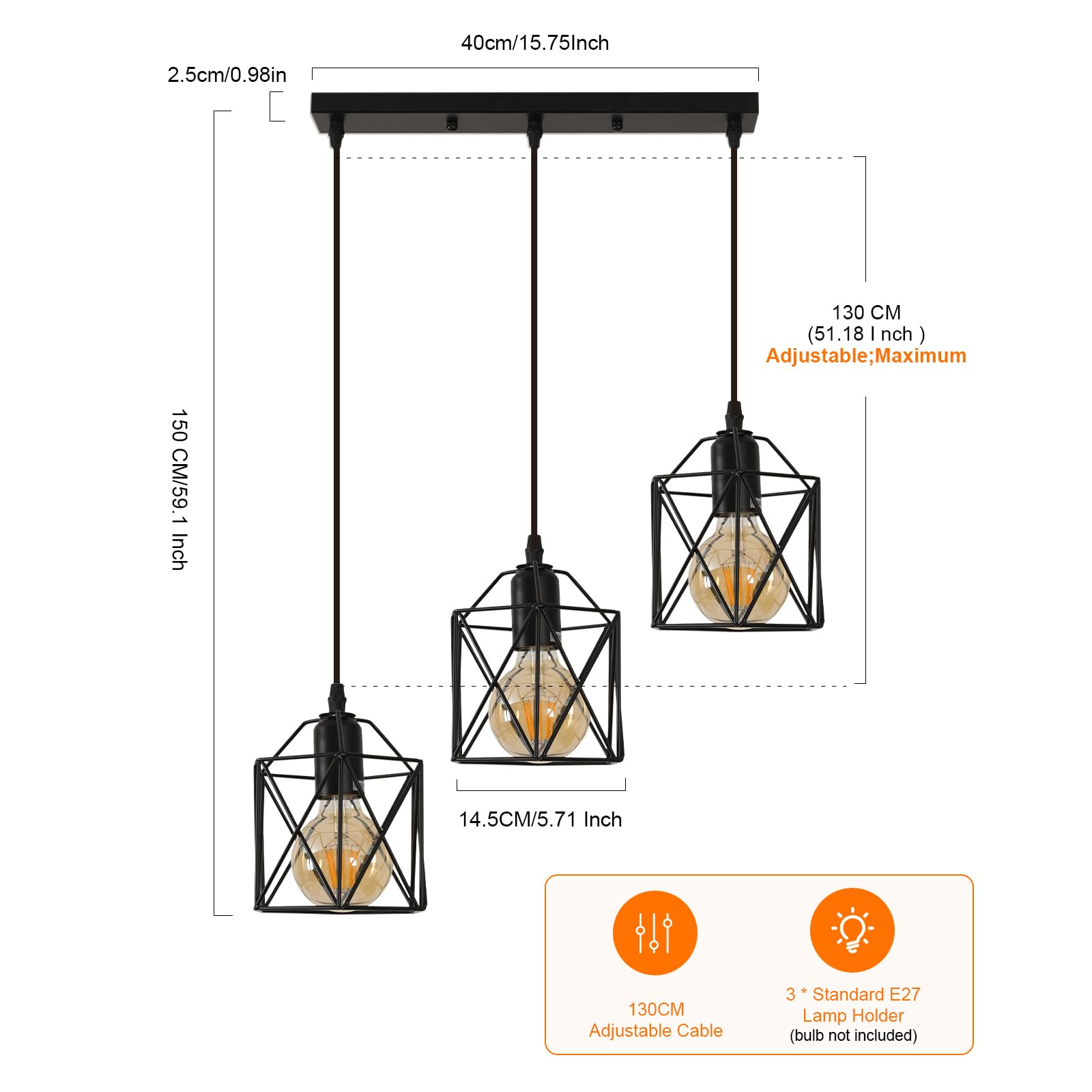 Lampa wisząca w stylu vintage, 3 lampy, z regulacją wysokości, przemysłowa lampa sufitowa E27, czarna metalowa klatka, retro lampa sufitowa do kuchni, sypialni, jadalni