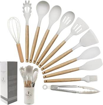 Kitchen Utensils Set of 12, Silicone Cooking Utensils with Non-slip Wooden Handle and Organizer Bucket, 446 F Heat Resistant Cookware Utensils Set Cream White