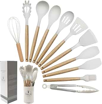 Amazon.com: Juego de 12 utensilios de cocina, utensilios de cocina de  silicona con mango de madera antideslizante y cubo organizador, juego de  utensilios de cocina resistentes al calor de 446 °F (blanco