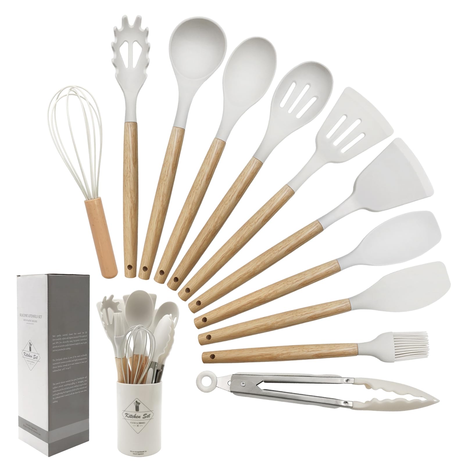 12-teiliges Silikon-Kochutensilien-Set Mit Holzgriff – Hitzebeständig Bis 230 °C, Inkl. Organizer-Eimer (cremeweiß)