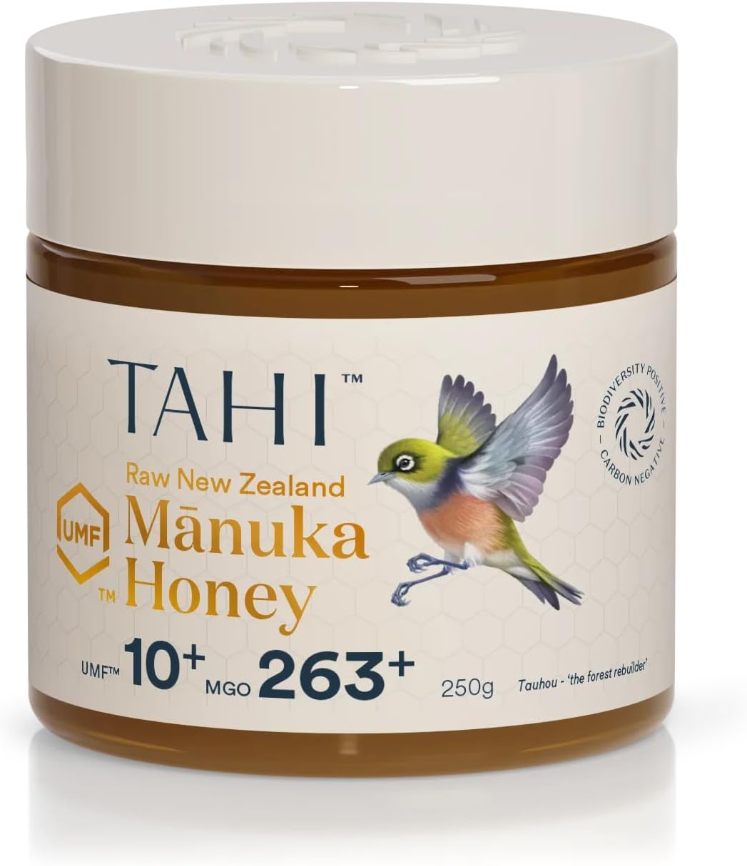 TahiRaw Manuka Honey New Zealand UMF 10+ Certified (MGO 263+) - 100% Sustainable, Monofloral and Natural - Non-GMO, Glyphosate-Free and Gluten-Free - New Zealand Manuka Pure Honey - 250gr