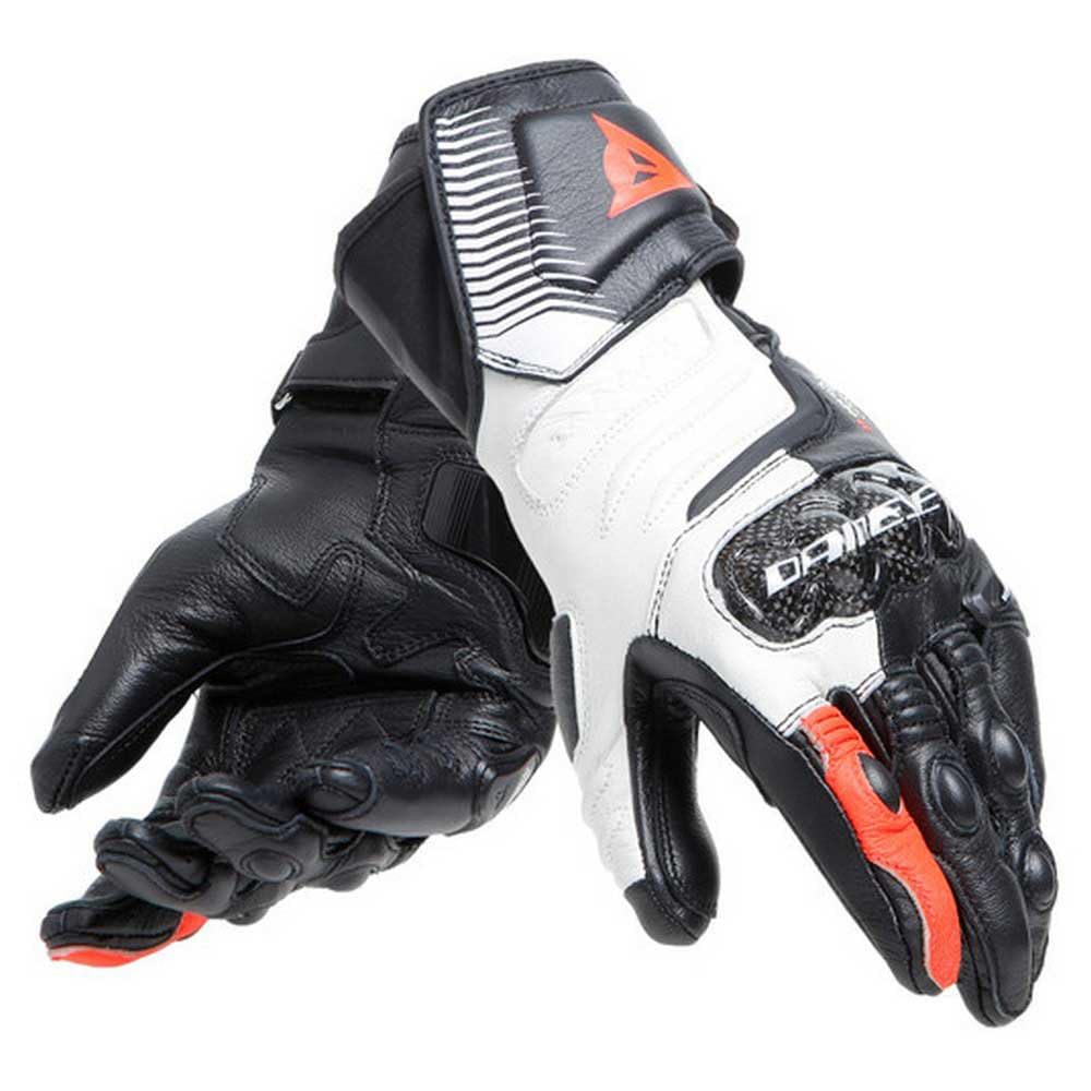 Dainese - Carbon 4 Long Lady Gloves, Guantes Moto Largos, Deportivos, en Piel, con Protecciones de Carbono en los Nudillos, Mujer, Negro/Blanco/Rojo Fluo, XL