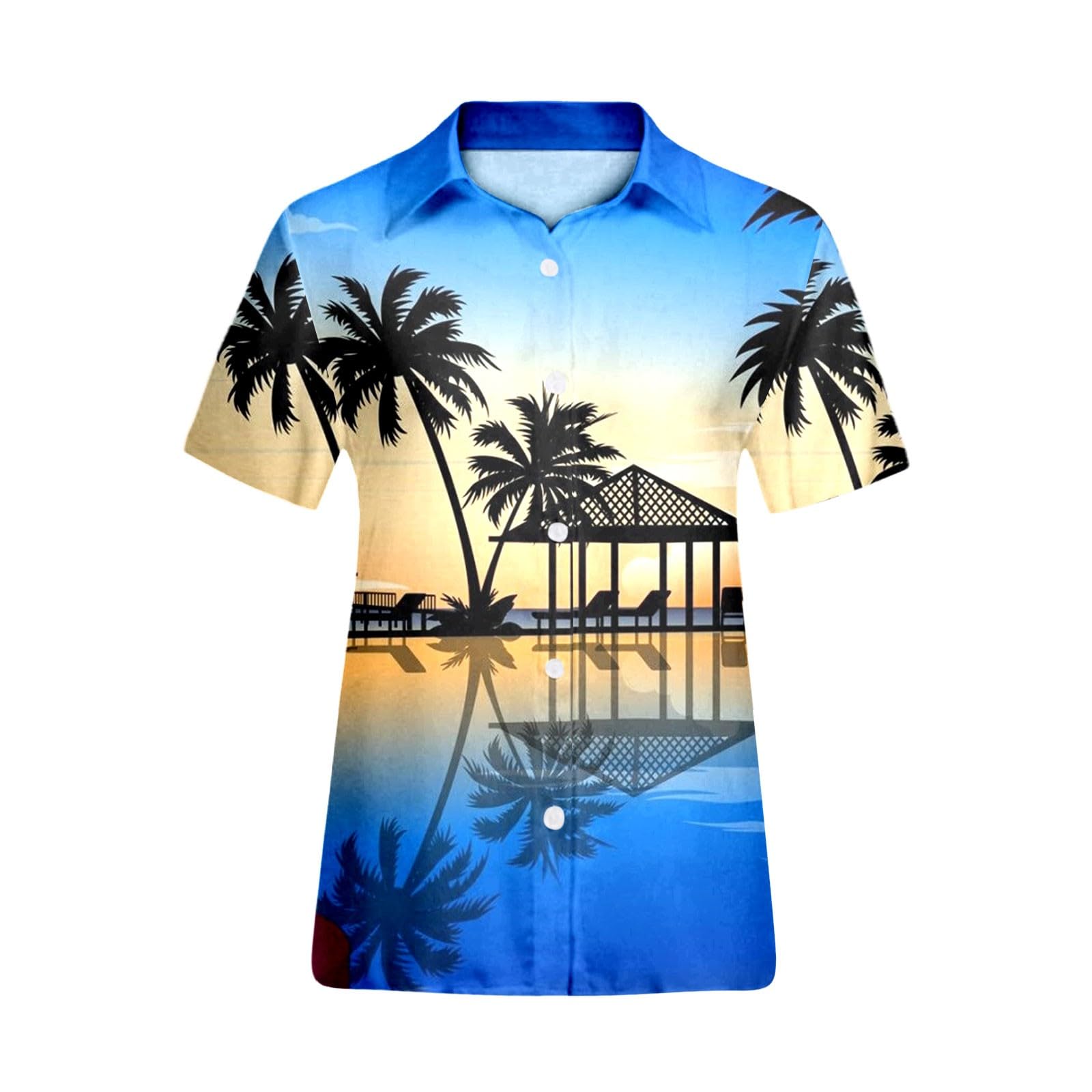 Damen-Hemd, Hawaii-Palme, tropische Karibik, Strand, Sommer, Hemd, Outfits, Knopfleiste, kurzärmelig, Revers, lässig, Golfkleidung, Grafik, Cruise, Bowling-Shirt, trendig, lustiges 80er-Jahre-Shirt