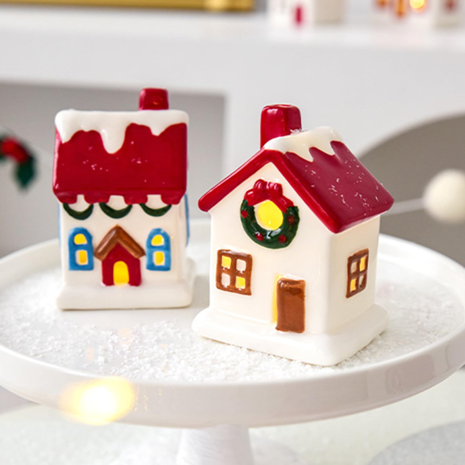 Casa de Navidad de cerámica alimentada por pilas, exhibición en miniatura de pueblo de invierno para decoración de vacaciones, regalo festivo seguro, casa de invierno de cerámica que funciona con