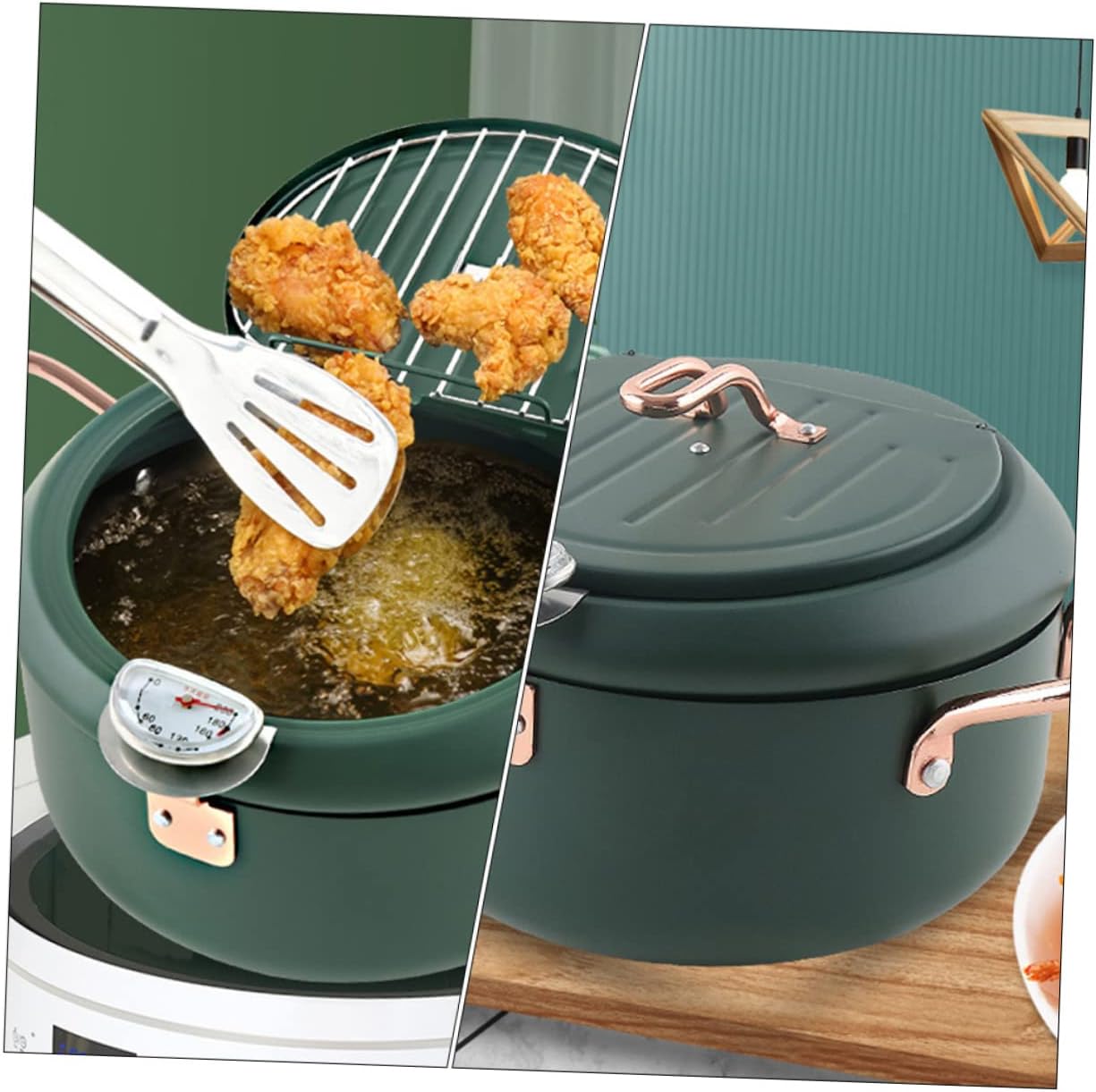 PRETYZOOM Japanese Style Mini Tempura Fryer with Thermometer and Oil Drainer Rack Non Stick Coating Deep Fry Pan for Induction Cooker Easy Clean Home Kitchen Pot