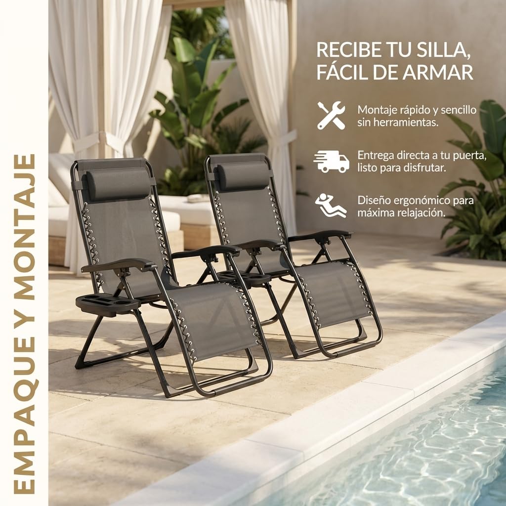 Juego de 2 Tumbonas Plegables | Resistente, Reposabrazos, y Bandeja con Portavasos | Ideales para Jardín, Terraza, Patio, Piscina, Camping o Playa | Cómodas, Duraderas (Gris) — view 5