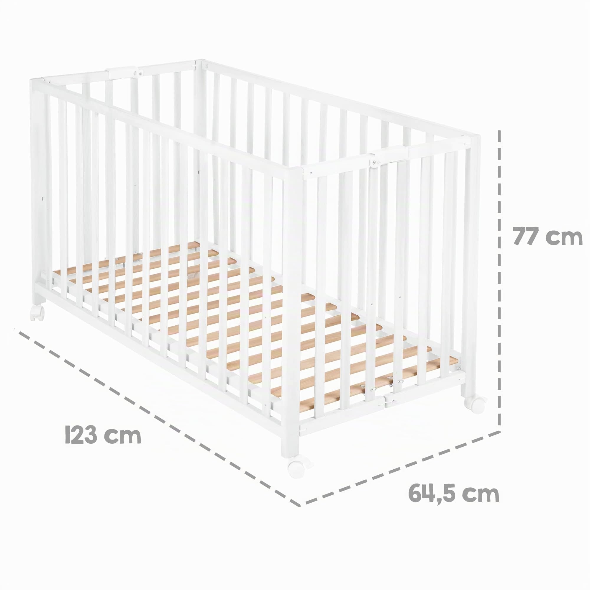 roba Lit Bébé Pliant en Hêtre Fold Up 60x120 cm avec Roulettes à Freins Blanc