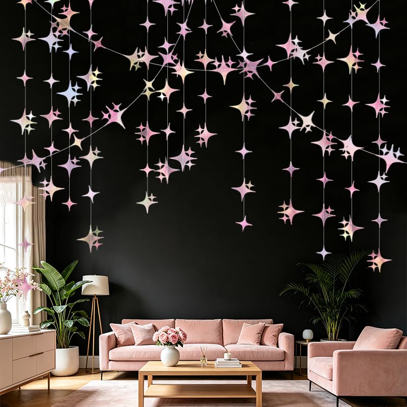 Image of Glitter Iridescent Pink Four-Angle Star Paper Garland Banner 40 Feet Iridescent Pink Twinkle Star Hanging Bunting Banner Backdrop for Wedding Baby Shower Birthday Graduation Disco Party Decorations