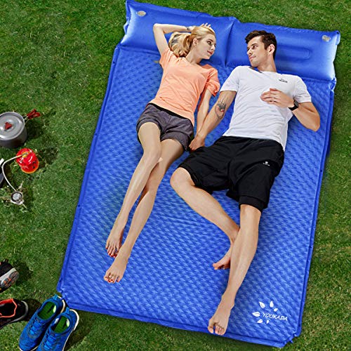 YOUKADA Sleeping-Pad Foam Self-Inflating Camping-Mat for Backpacking Sleeping Pad Double Sleeping Mat Camping Pad 2 Person Camping Mattress with Pillow for Hiking Camping Gear(Blue, Large)
