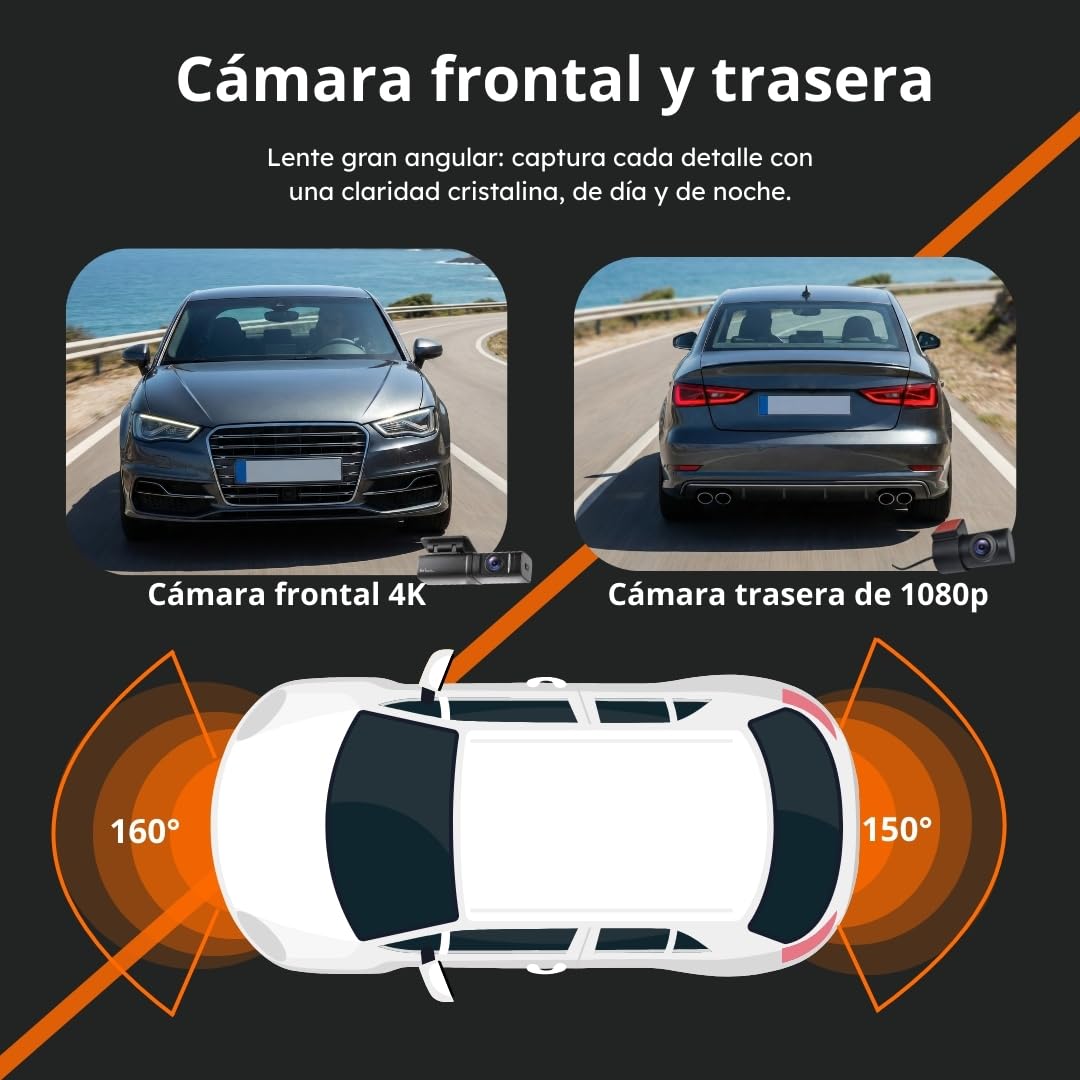 Faas S80 Dash CAM Coche 4K Delantera y Trasera – Cámara para Coche con Tarjeta 64GB Incluida, WiFi, Visión Nocturna, G-Sensor, Modo Parking & Gran Angular 160°