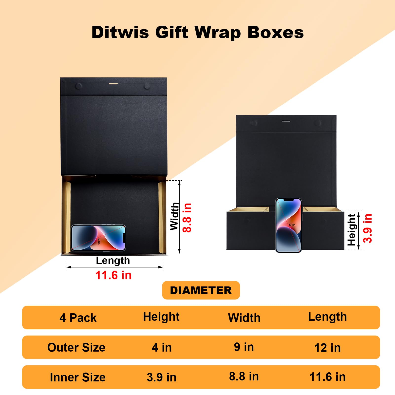 Ditwis Lot de 4 boîtes cadeaux de 30,5 x 22,9 x 10,2 cm avec couvercles à fermeture magnétique, boîte magnétique avec ruban pour mariage, demoiselle d'honneur, anniversaires, fête des mères