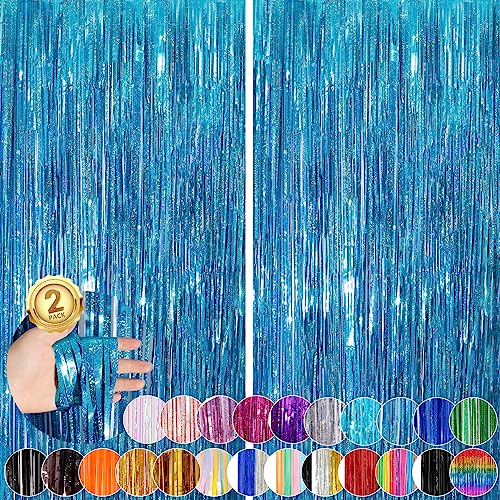 Image of 2Pack 3.3x8.3Ft Blue Foil Fringe Streamers Curtain Metallic Foil Tinsel Fringe Door Streamers for Birthday Wedding Xmas Party Photo Iridescent Blue Streamers Ocean Summer Party Decors Streamers