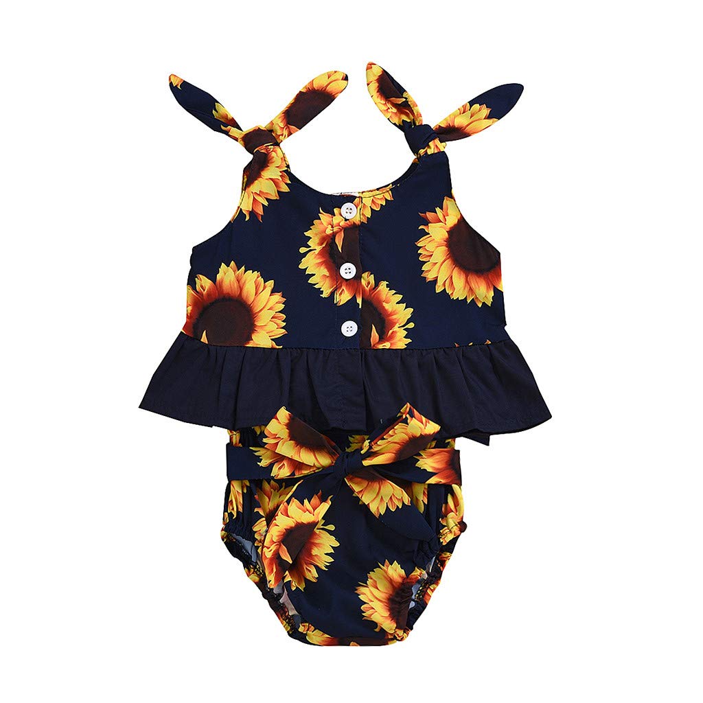 Infant Baby Girls 2pcs Outfits, Button Sleeveless Strap Sunflower Suspender Tops+Shorts Beach Summer Clothes