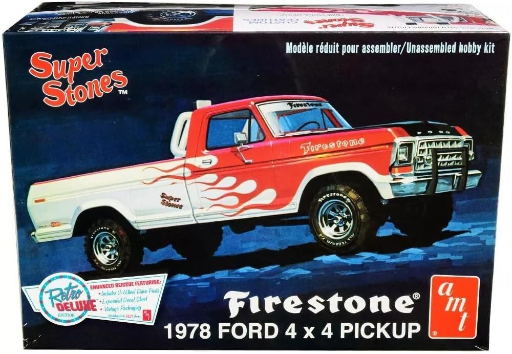 Box front of the AMT 1978 Ford 4x4 Pickup Truck model kit, showing the finished model and custom features like roll bar, brush guard, and Firestone Super Stones tires.