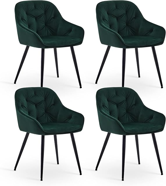 CLIPOP Dining Chairs Set of 4 Green Velvet Thick Padded Upholstered Kitchen Leisure Tub Chair with Armrest and Metal Legs Living Room Reception Chairs for Dining room Bedroom Lounge Office