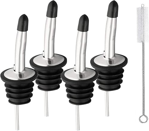 4 boquillas para verter licor, vertedores de botellas de licor de acero inoxidable con tapas de goma para polvo y cepillo de limpieza, para verter