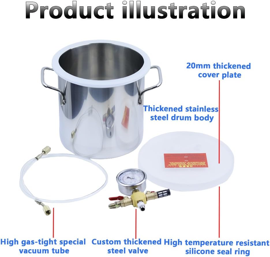 Stainless Steel Vacuum Defoaming Bucket, 6L AB Epoxy Resin Silicone Gypsum Defoaming Bucket, Vacuum Degassing Chamber Kit for Wood Stabilizing Epoxy Degassing Silicone Plaster