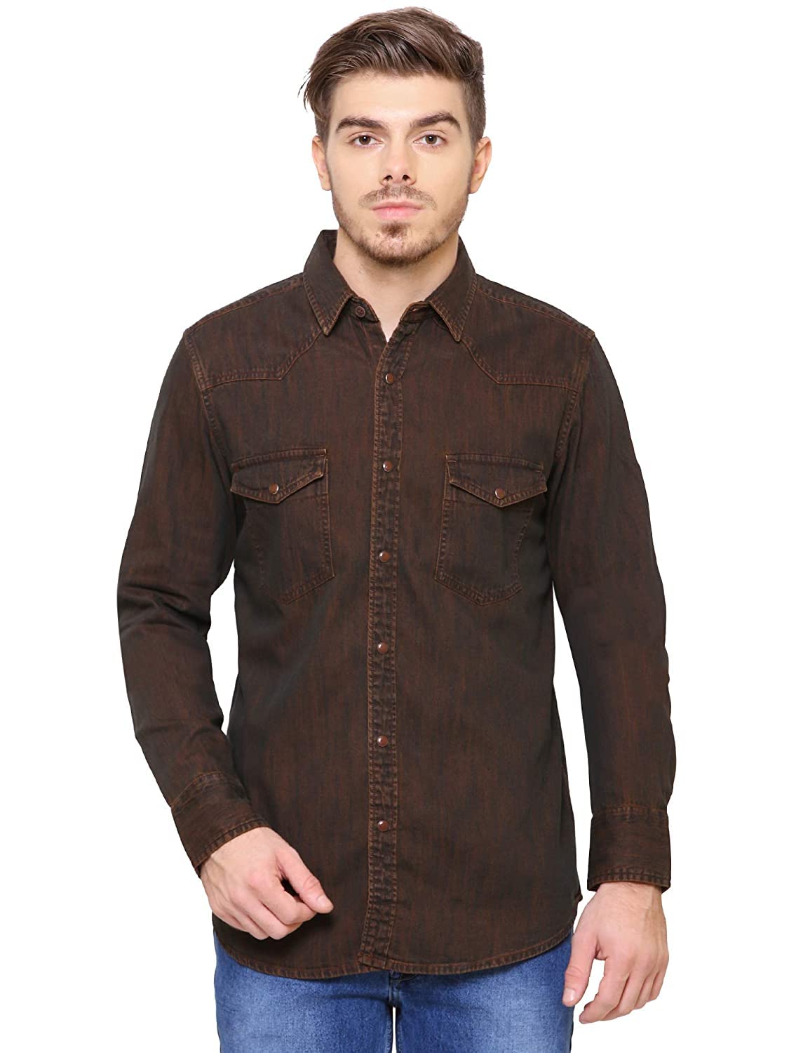 Kuons Avenue Men's Coffee Brown Double Pocket Denim Shirt | Cargo Shirt | Western Denim Shirt