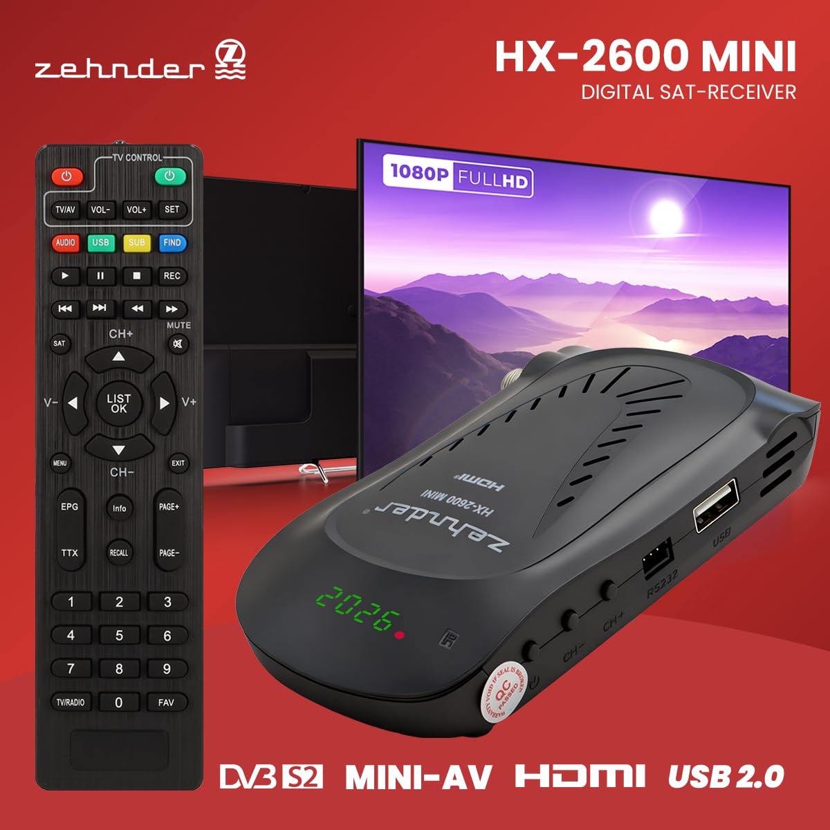 Zehnder HX 2600 Mini Digital Sat Receiver HD fähig mit Aufnahmefunktion HDMI lernbare Fernbedienung