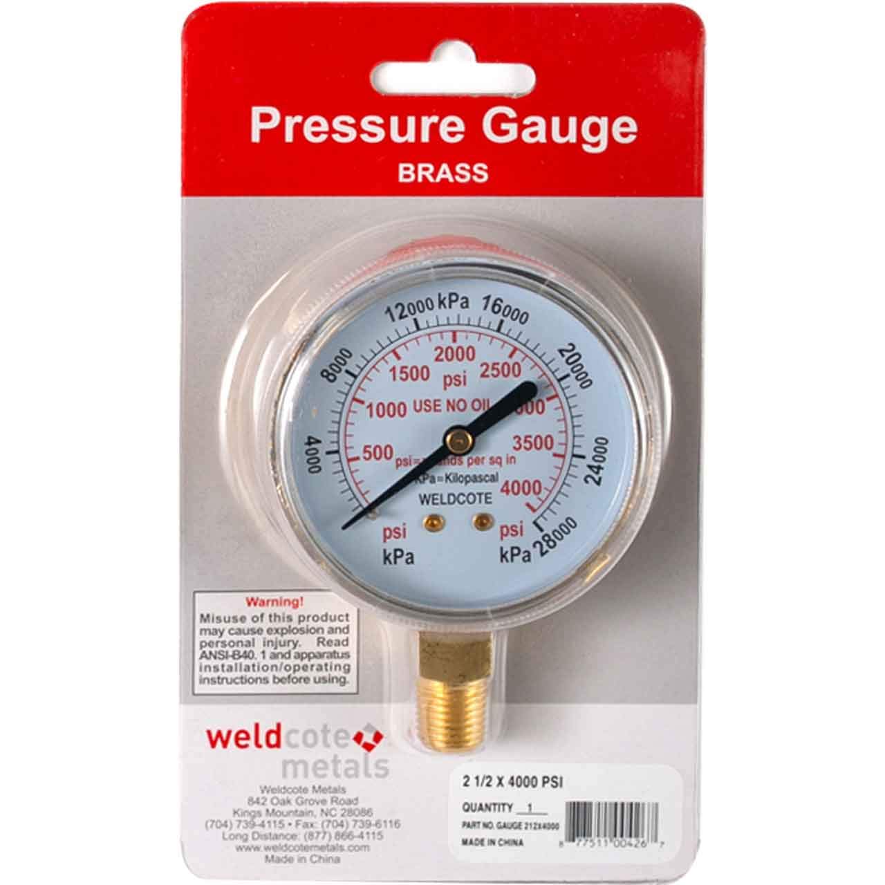 Weldcote Metals GAUGE212X4000 Pressure Gauge 2-1/2