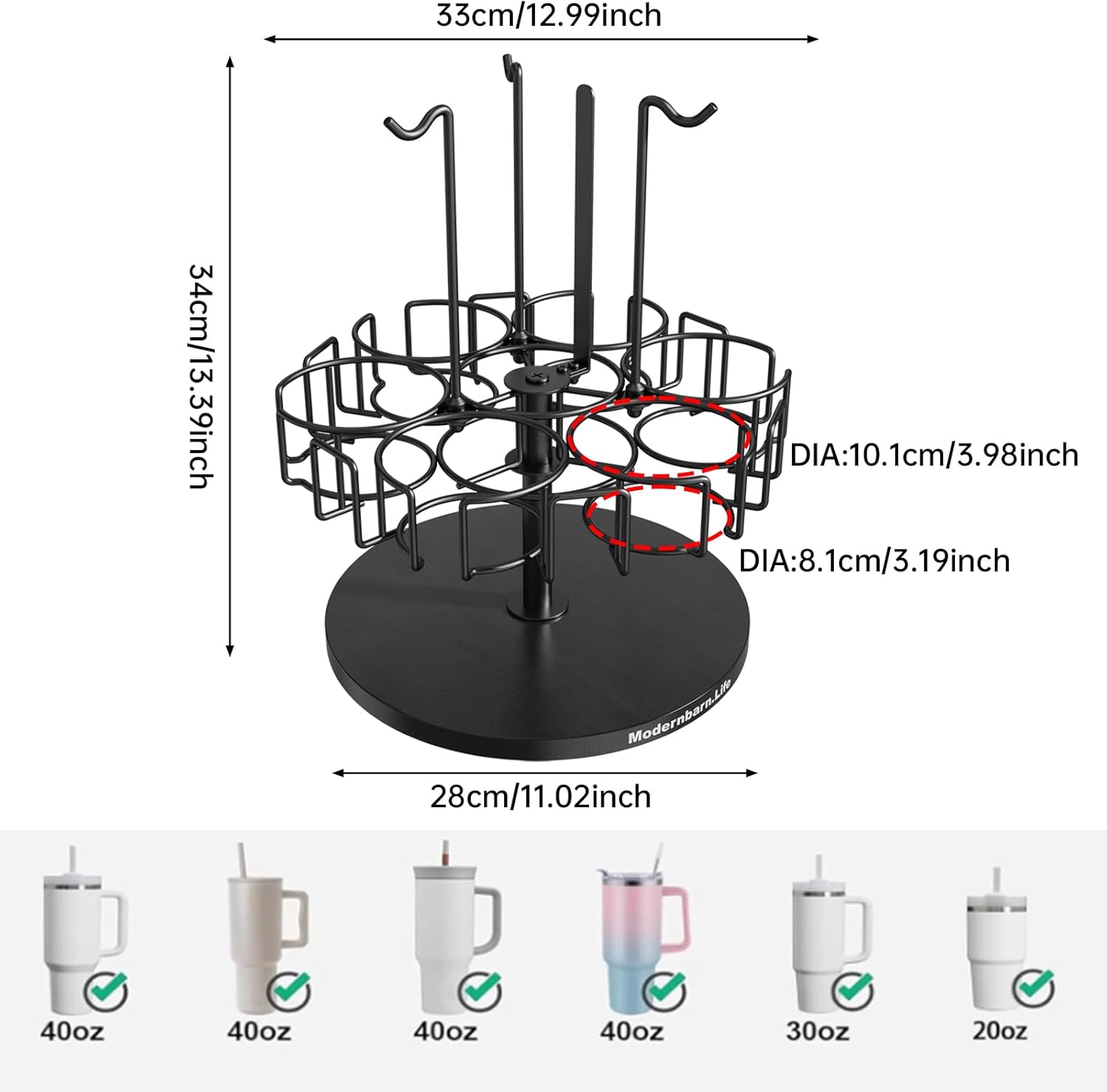 Water Bottle Organizer for Cabinet or Counter - Rotating Non-Slip Tumbler Organizer Holder for Stanley 40 Oz Cup with Handle - 2-In-1 Tumbler Display Storage Rack & Water Bottle Drying Rack - Black - Image 7