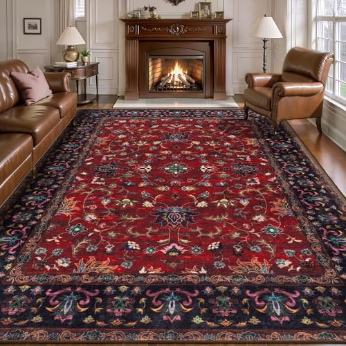Image of Tangsoo Red 6x9 Washable Area Rugs for Living Room, Vintage Non Slip Rug
