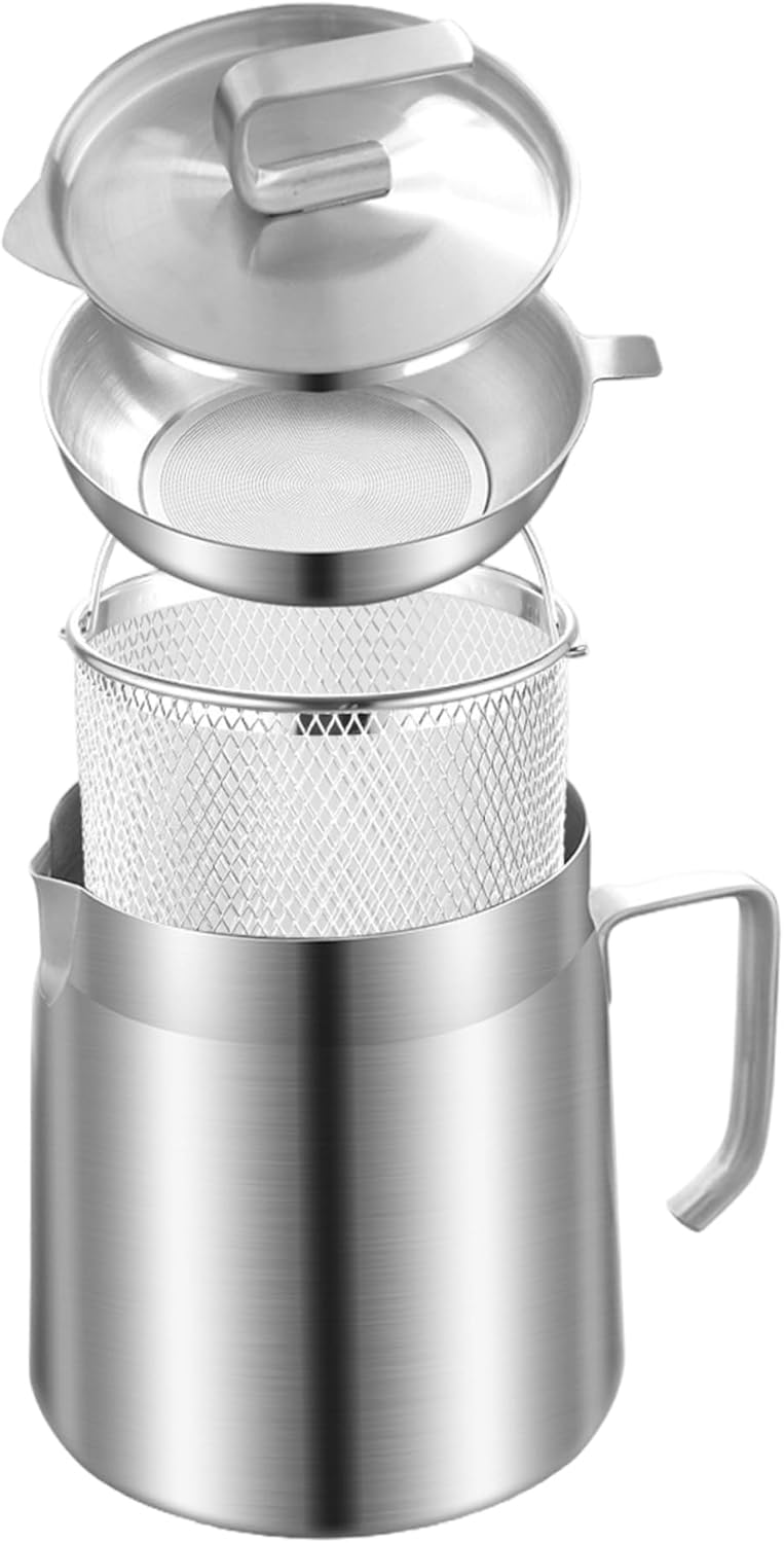 2 in 1 Oil Strainer Pot Fryer 2.2L Stainless Steel Bacon Grease Saver with Strainer & Frying Basket for Reusable Cooking Oil, Frying and Filtering Container, Silver