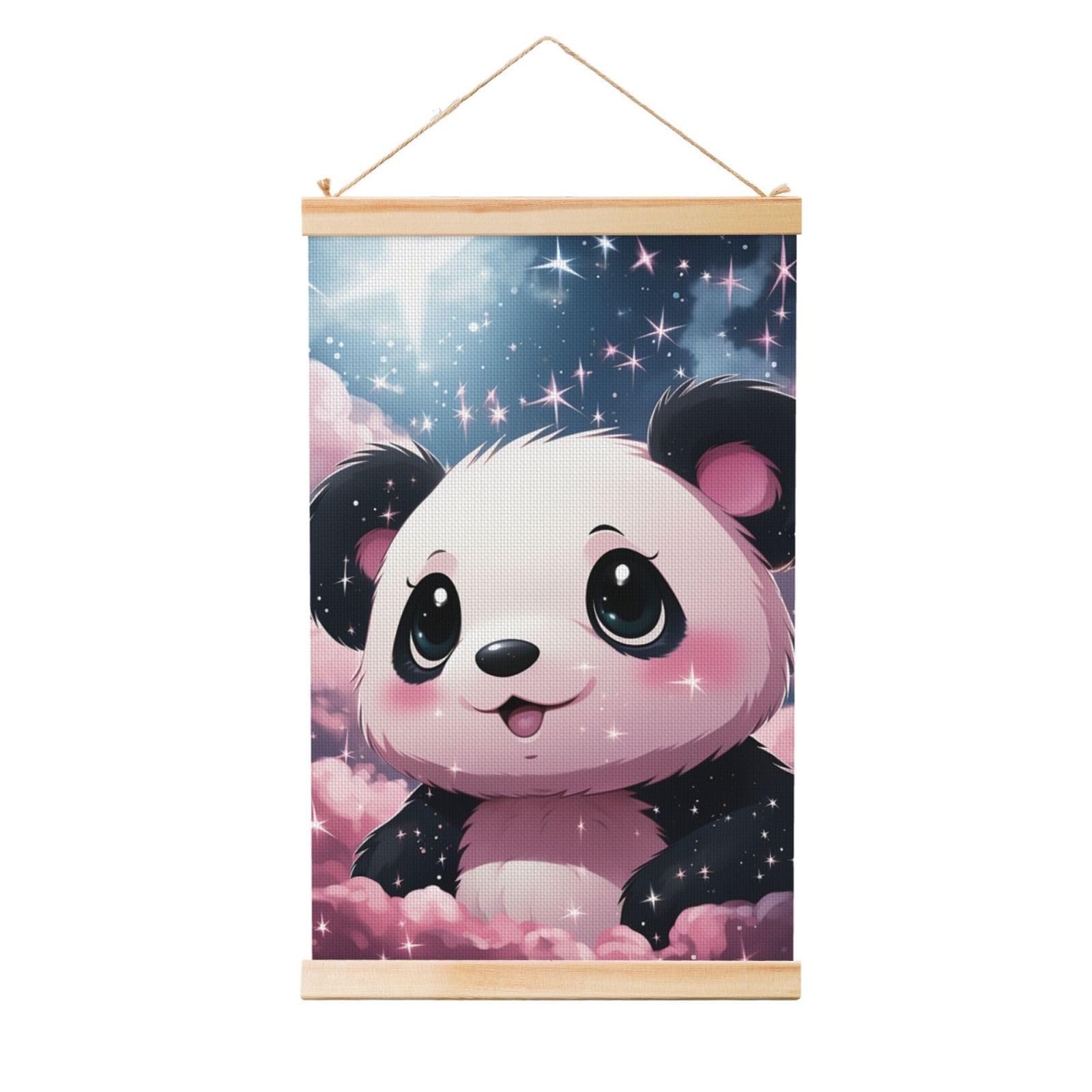 Pink Panda Poster Wooden Shaft Hanging Poster Wall Hanging Banner Canvas Artwork with Wood Frames 36"x24" Modern Artwork Decor Ready to Hang Wall Art for Home Decor Scroll Painting