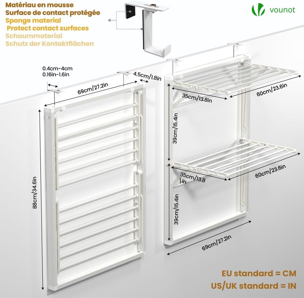 VOUNOT® Wall-Mounted Foldable Clothes Drying Rack, Double-Tier Laundry Airer for Bathroom or Balcony, Space-Saving Design, White