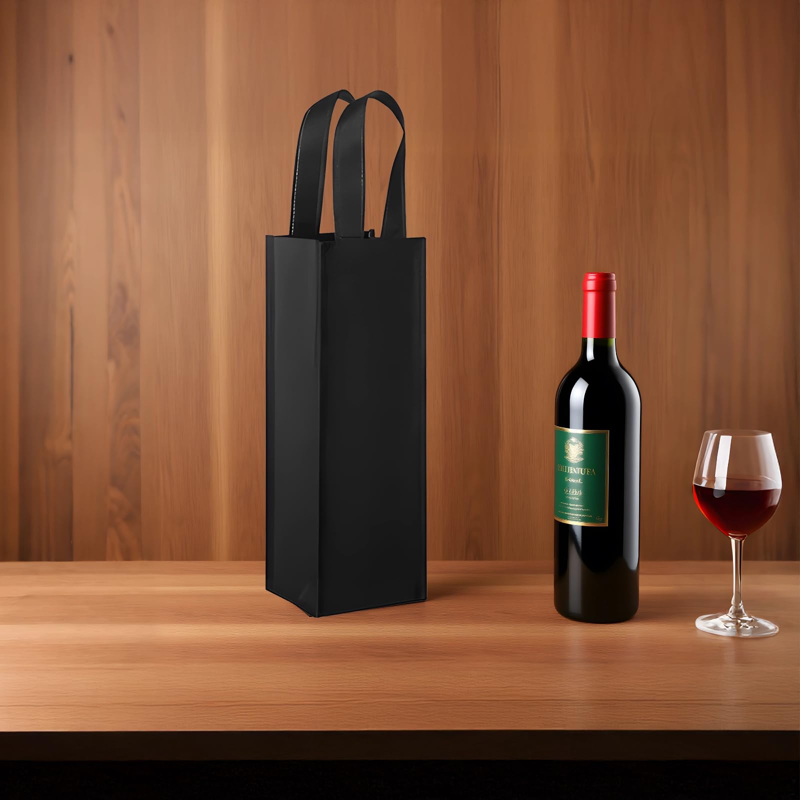 50 bolsas de vino negro con asas, tela no tejida, 13.8 pulgadas de alto, bolsas reutilizables para botellas de vino