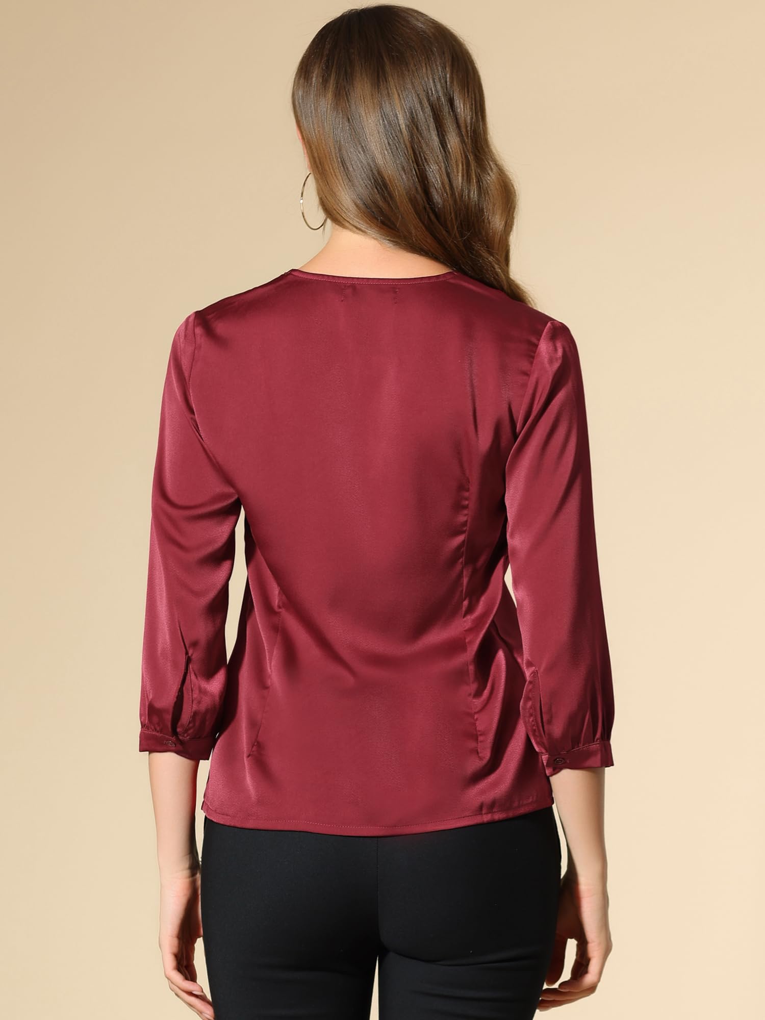 Allegra K Chemisier en satin pour femme à manches 3/4 et col en V pour l'automne 2025