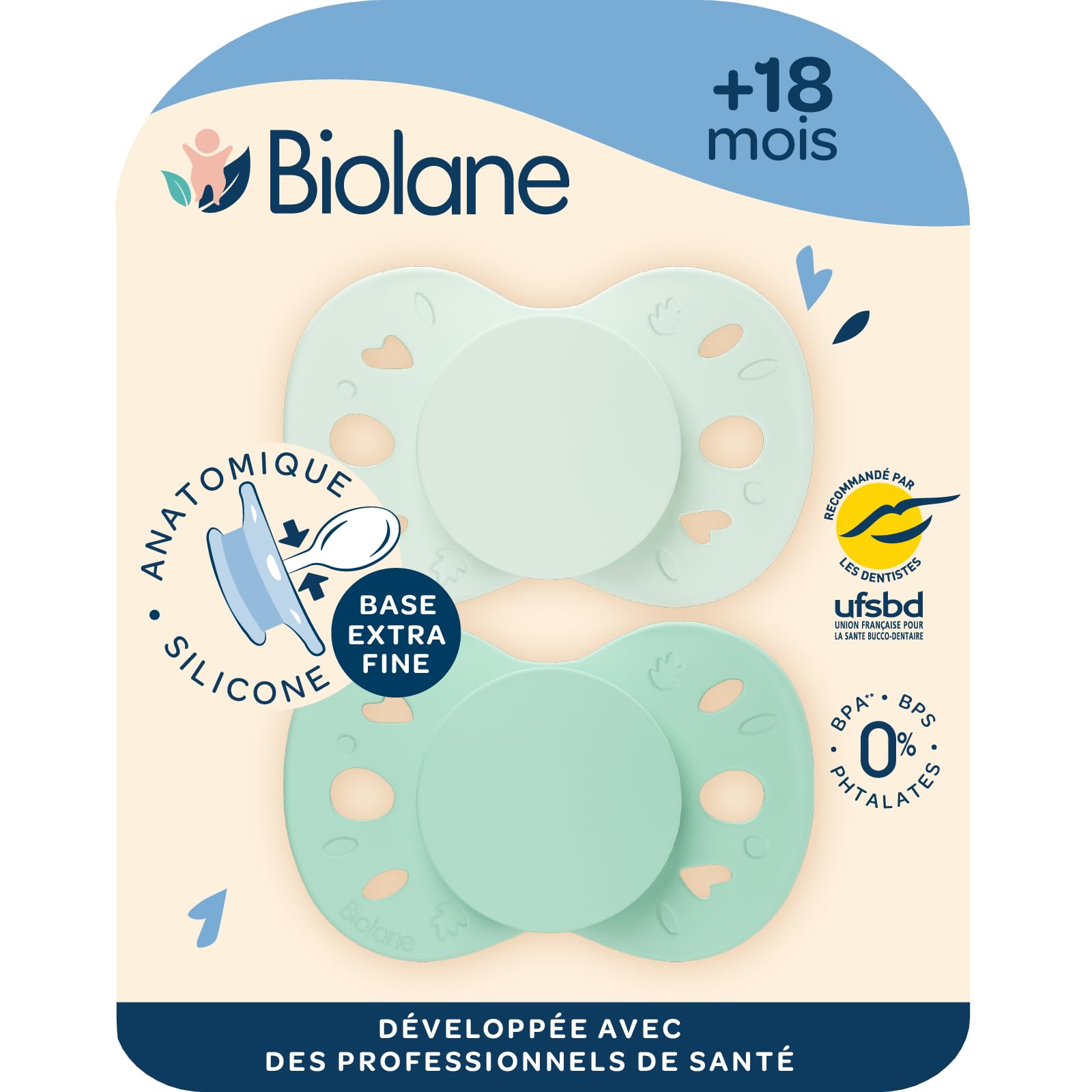 BIOLANE - Anatomical teats- Extra-fine Pacifiers- 18 Months and Above - Two-Tone Green- Flat and Reversible Teat- Optimal Comfort- Respect for Oral Development- Renewable Materials