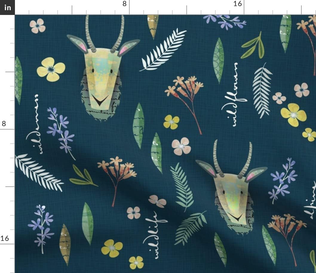 Spoonflower Fabric - Goats Dark Blue Goat Wildflower Flowers Alpine Forest Nature Printed on Petal Signature Cotton Fabric by The Yard - Sewing Quilting Apparel Crafts Decor