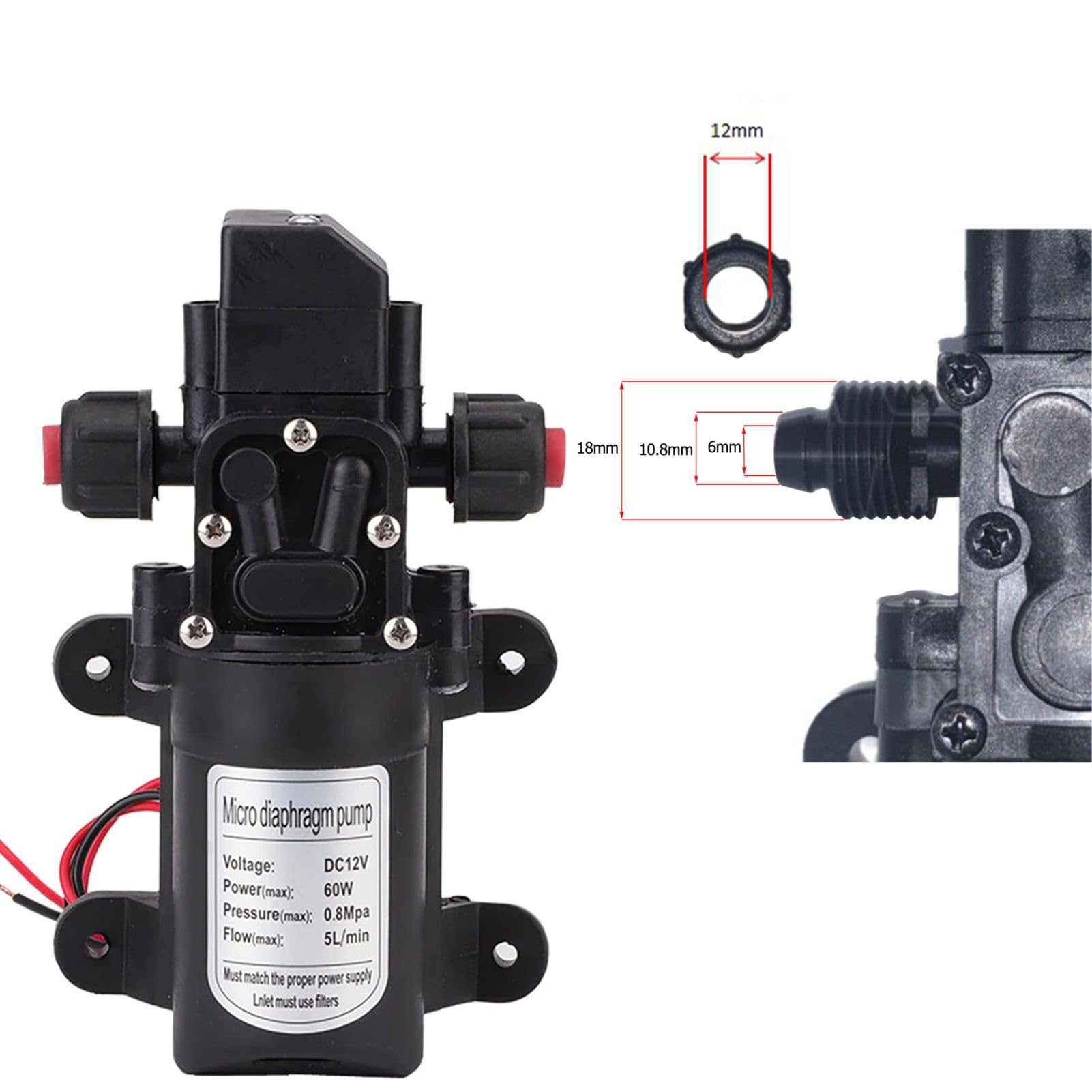 Jadeshay Pompa Acqua 12V, pompa autoadescante DC 12V 116Psi Pompa Acqua Pressione per Roulotte Barca Camper Giardino Pulizia Veicoli Camper 60W