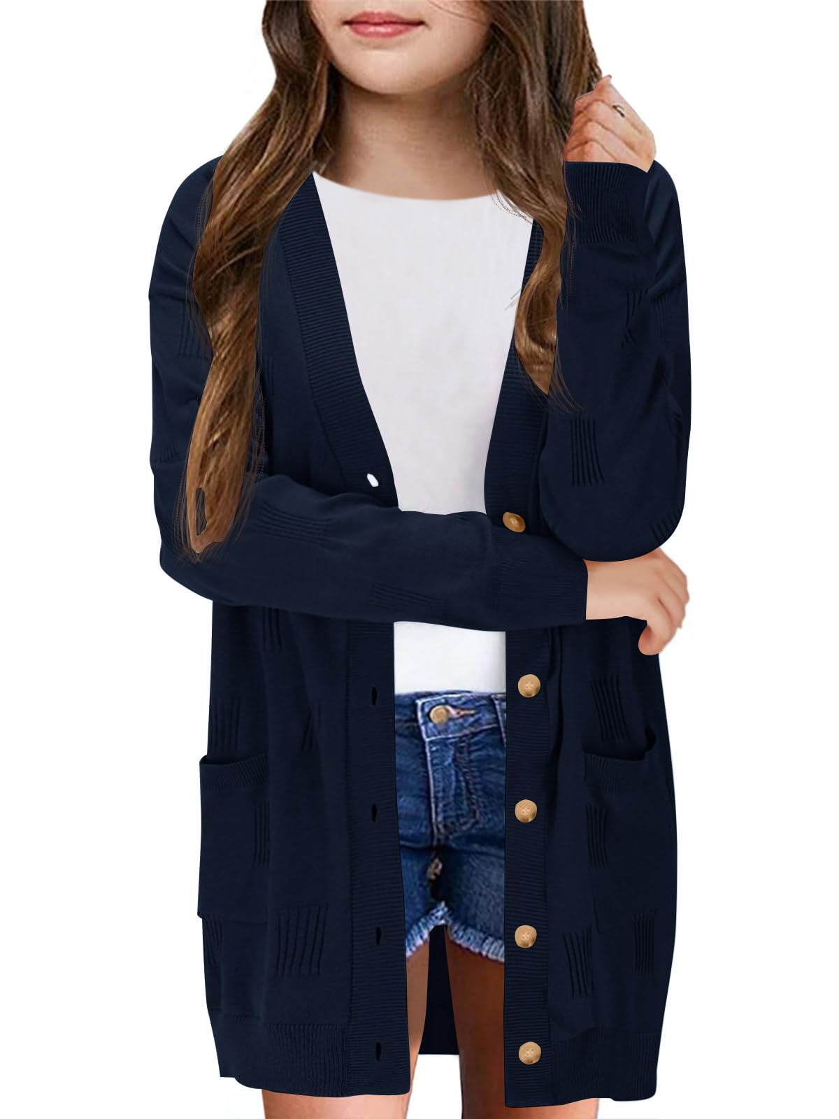 Girls Cardigans Kids Fashion Open Front Long Sleeve Knit Sweaters Outerwear with Pockets 5-14 Years