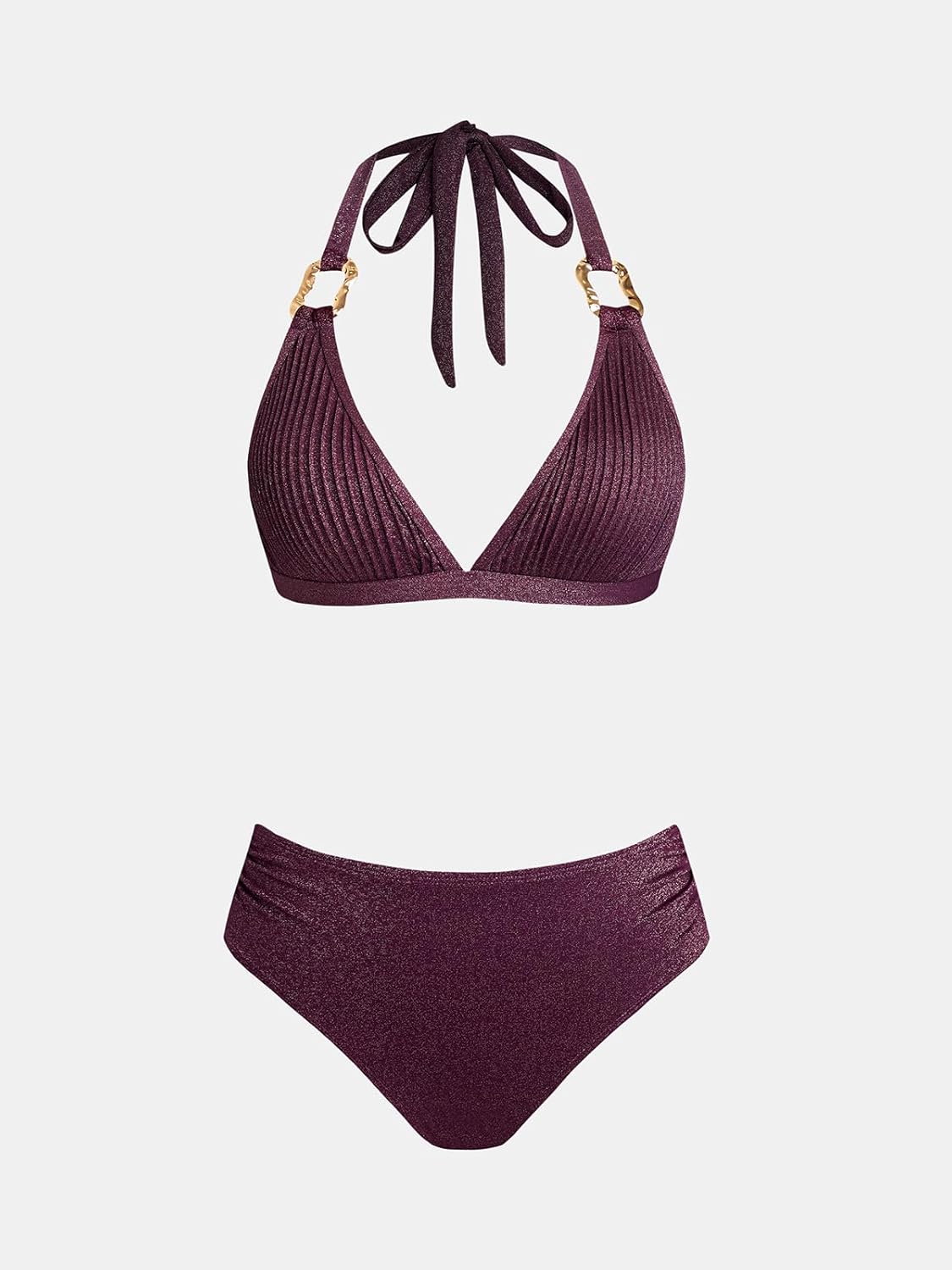 CUPSHE Women's Two Piece Bikini Sets V Neck Bathing Suits Textured Halter Side Shirred Back Hook Adjustable Straps - Image 6