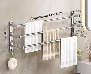 Towel Rail, Wall Mounted 3-Tier Bath Towel Rack, SUS 304 Stainless Steel Towel Rack with Hooks, 2 Installation Methods Suitable for Bathroom, Kitchen, Office Adjustable Towel Racks-43-75cm