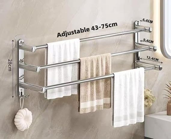Towel Rail, Wall Mounted 3-Tier Bath Towel Rack, SUS 304 Stainless Steel Towel Rack with Hooks, 2 Installation Methods Suitable for Bathroom, Kitchen, Office Adjustable Towel Racks-43-75cm