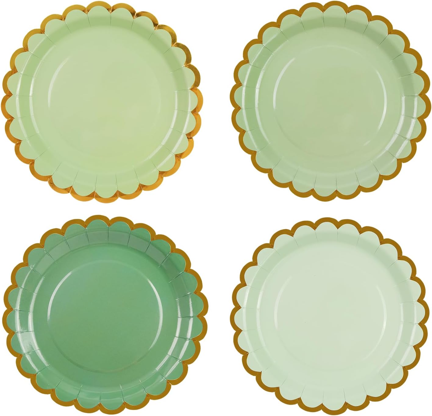 48PCS Sage Green Party Plates 7 Inch, Gradient Green Scalloped Paper Plates with Gold Foil Edge Disposable Dessert Cake Plate for Baby Shower Wedding Birthday Party Supplies (7inch)