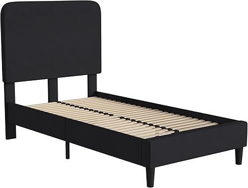 Flash Furniture - Base de cama Addison con tapizado de tela color carbón, cabecera con bordes redondeados y soporte de listones de madera, no