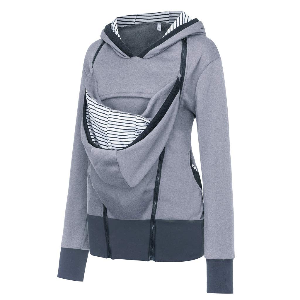 Women Maternity Striped Baby Pouch Carrier Hoodie Kangaroo Zipper