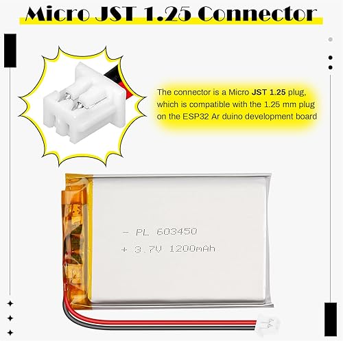 Miniatura 4 de 603450 3.7V 1200mAh LiPo Batería - Batería recargable de polímero de litio con placa de protección y conector Micro JST 1.25 para dispositivo