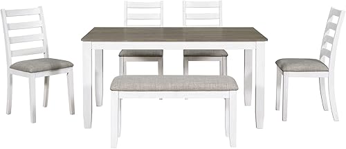 Miniatura 4 de Harper & Bright Designs Juego de mesa de comedor de granja de 6 piezas con banco, mesa de comedor de madera con 4 sillas y un banco para cocina