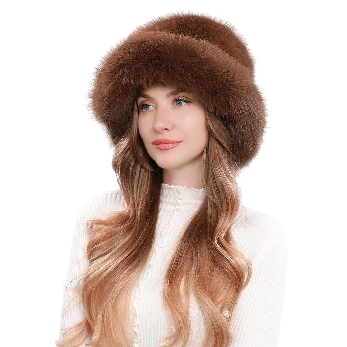BSYLOO Upgraded Faux Fur Bucket Hat for Women - Soft, Warm & Fluffy Winter Hat, Stylish & Cozy Hat for Fashionable Ladies Coffee