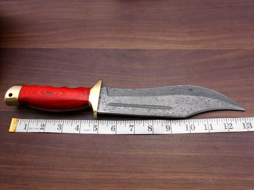 13 Inches Long Damascus Steel Custom Made Hunting Bowie Knife, Red Wood Scale with Brass Finger Guard and Cap Cow Hide Leather Sheath