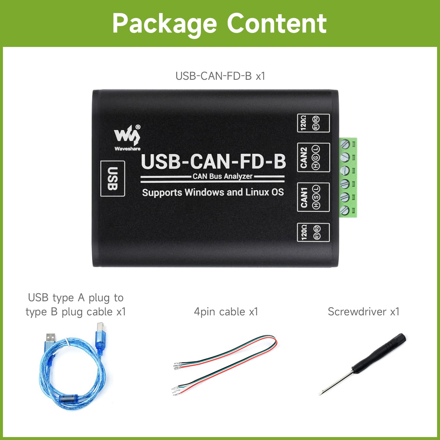 Waveshare Industrial Grade Can/Can FD Bus Data Analyzer, USB to Can FD Adapter, Can/Can FD Bus Communication Interface Card, Can/Can FD Protocol Data Analyzer, Support Windows and Linux